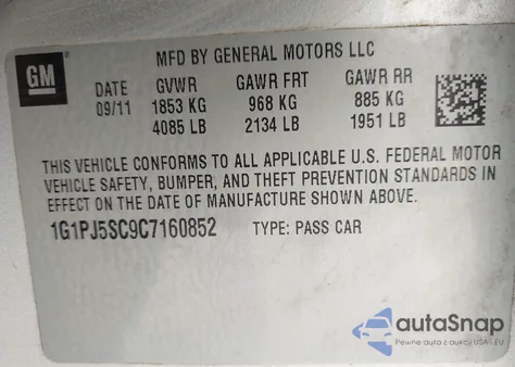 2012 Chevrolet Cruze Eco из США, поврежденный, VIN 1G1PJ5SC9C7160852